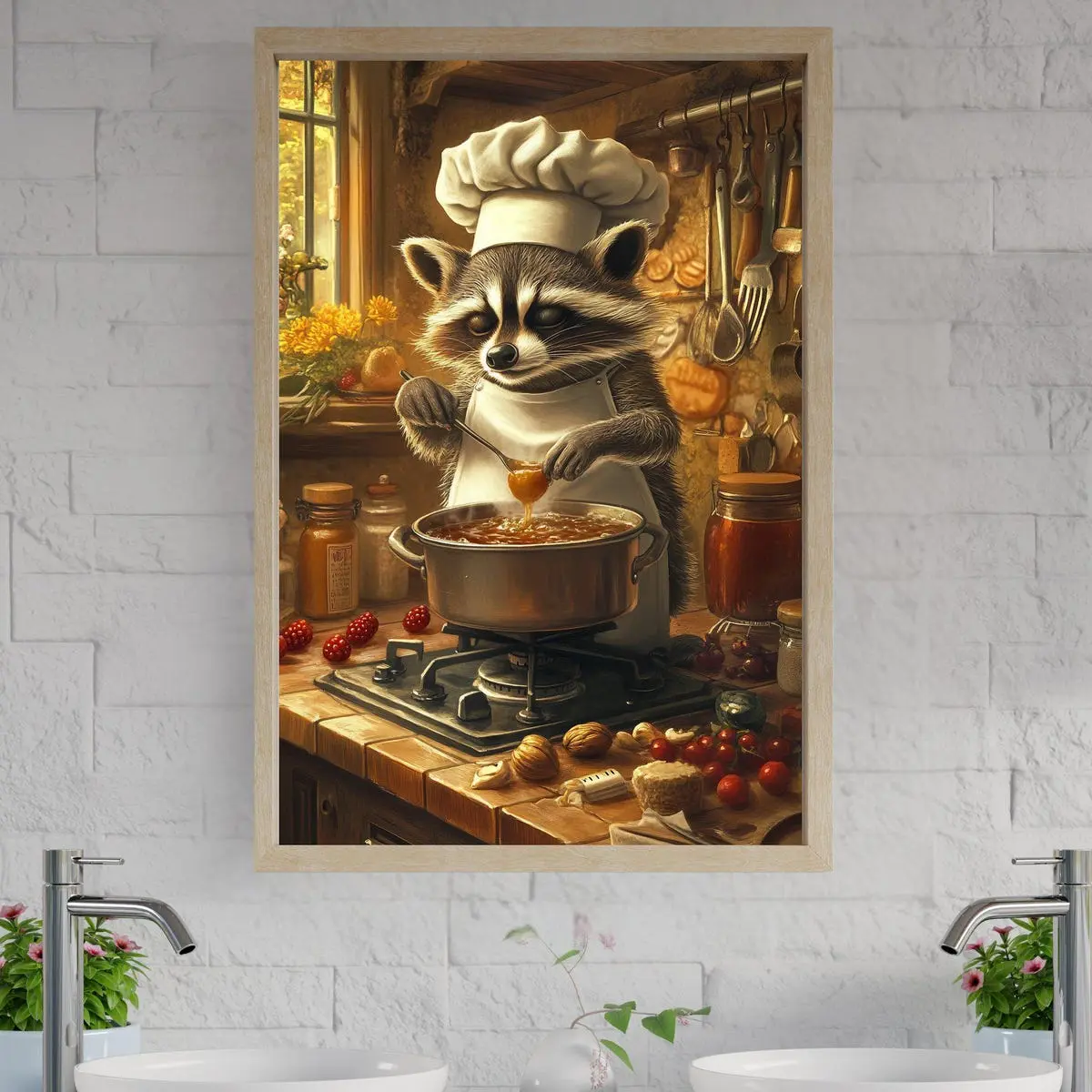 Cute Raccoon Chef Cooking in Rustic Kitchen Adorable Animal Wall Art Fun Nursery Decor Kids Room Poster Whimsical Kitchen Wall Art, Unframed  | 5 size, 8x12 to 27x40 inch