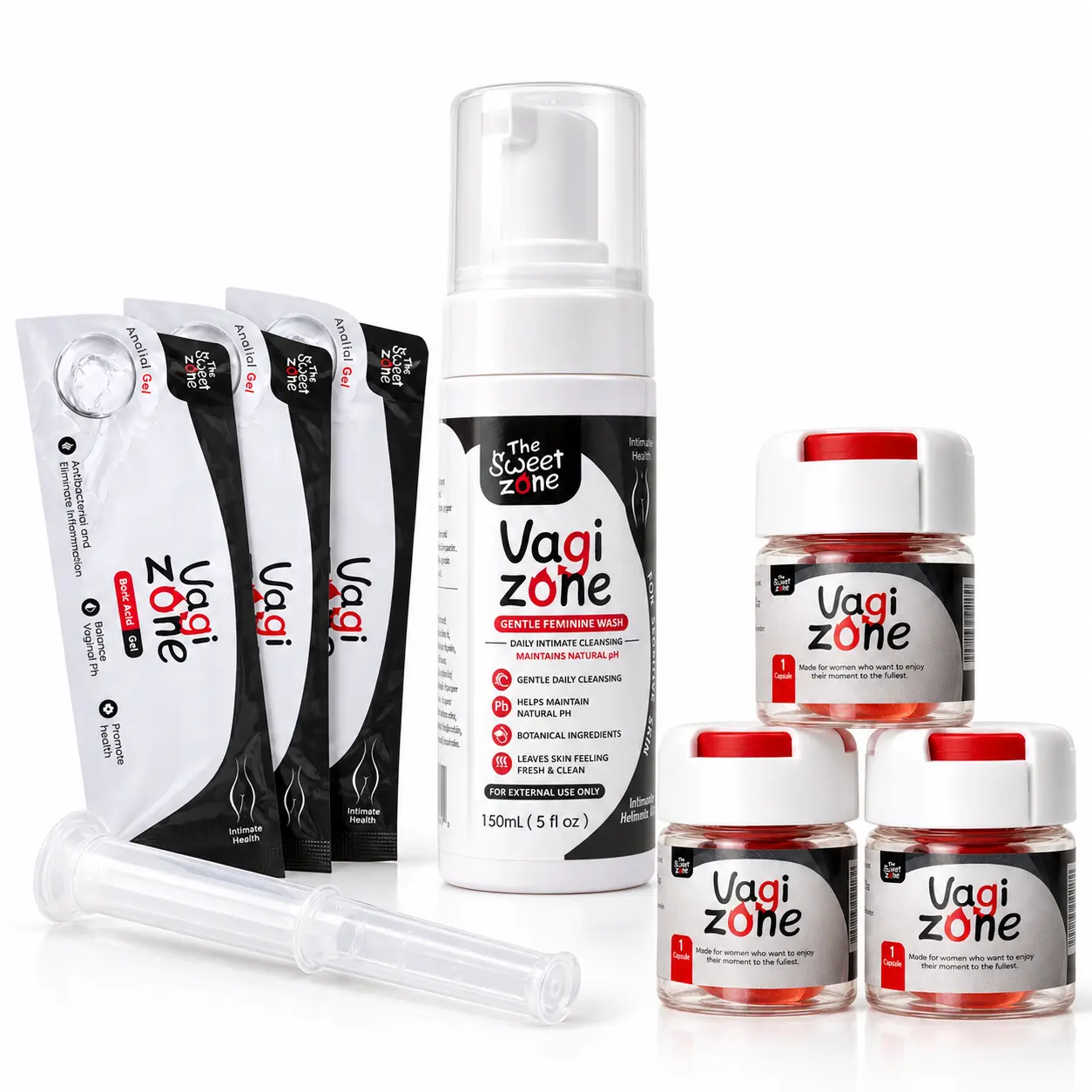 The Sweet Zone VaGiZone Care Box for Women, 150 mL Wash, 3 Gel Packs with Applicator and 3 Capsules