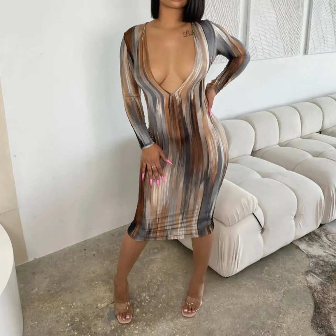Deep V- Neck Brushed Print Dress