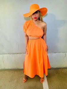 Vitamin C Orange One Shoulder Maxi Dress with Knot Waist Detail & Side Splits - Sexy & Flirty