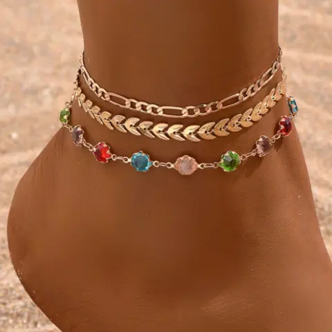 3pcs/Set Multi-Layer Gold Anklet, Anklet Jewelry, Women Beach Party Colorful Crystal Anklet, Suitable For Daily Gathering, Beach Vacation, Handmade Adjustable Length, Random Color Arrangement Of Glass Crystal, Ankle Bracelets