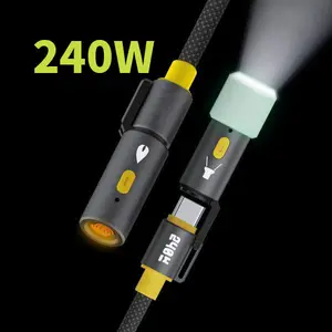 3-in-1 camping fast charging cable with igniter and LED light, outdoor explorer 5-foot 240W USB-C charging cable, can quickly charge MacBook, iPhone, Android, heavy-duty nylon weaving, dual USB connectors, glow in the dark,  type  c  charger