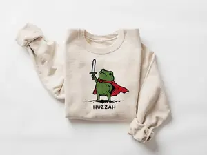Huzzah Frog with Sword Medieval Frog Sweatshirt, Funny Frog Hoodie, Renaissance Faire Frog Cute Sweater, Whimsical Medieval, Frog Knight Shirt