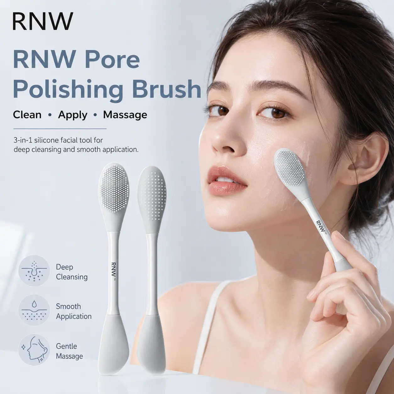 RNW 3-in-1 Silicone Facial Cleansing Brush, Soft Face Scrubber with Mask Applicator & Massage Brush, Deep Pore Cleaning Tool for Blackheads, Exfoliating, Skincare & Daily Facial Cleansing