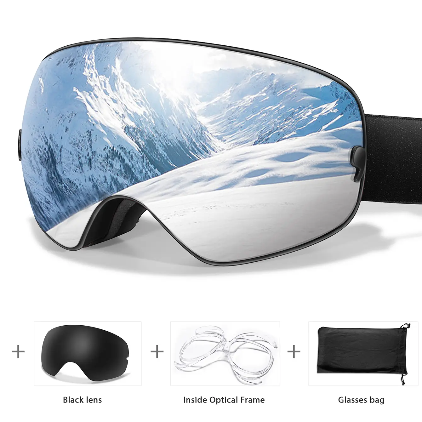 Skiing Goggles for Men, Frameless Spherical Fog-Free UV400 Sun Protection Lens, Bonus Lens & Optical Frame Included for Outdoor Sports, Anti-Fog, Rubber, Multi-Sports, Male, Uv400 Lens, Men's