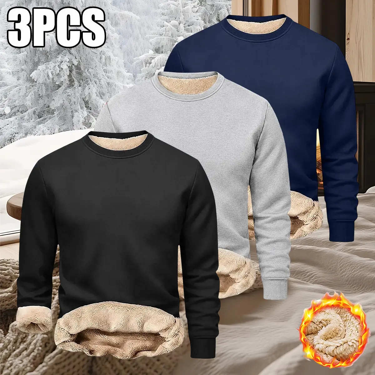 3-Pack Men’s Crewneck Fleece-Lined Thick Sweatshirts – Autumn/Winter Solid Color Long-Sleeve Tops, Plush Inner Lining Locks in Heat for Warmth, Soft and Skin-Friendly, Simple and Versatile Everyday Base Layer