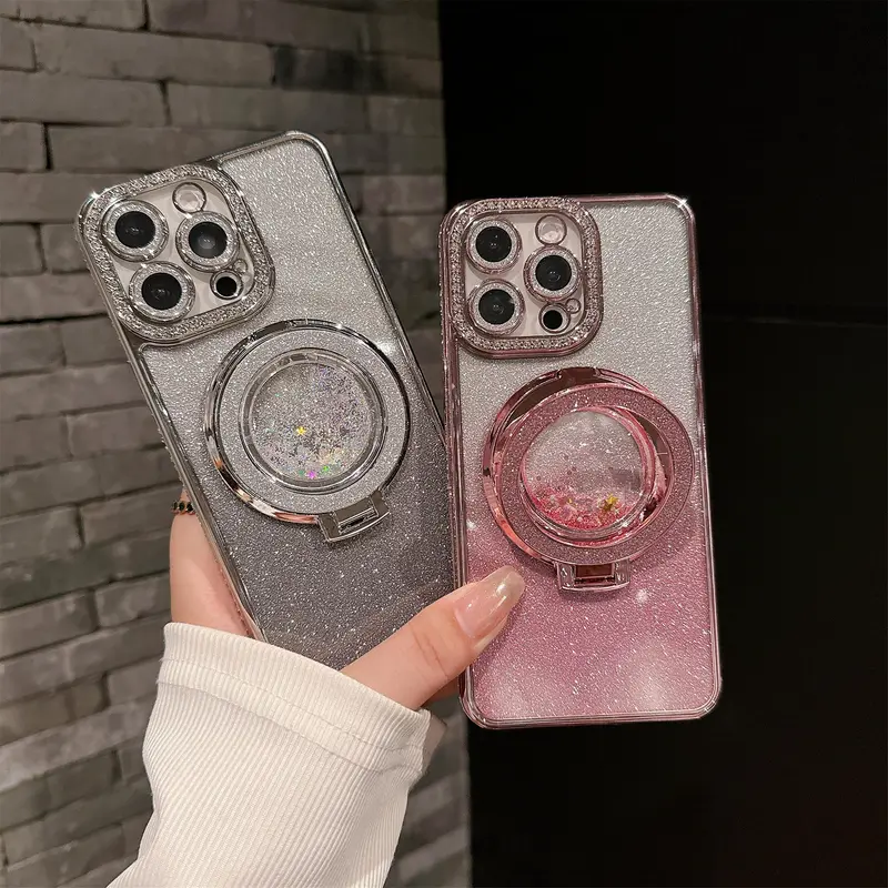 ERAZER Rhinestone Glitter Gradient Quicksand Magnetic Suction Bracket Ring Smartphone Case - Shockproof All-inclusive Lens, 4-Corner Anti-drop Durable Casing, Fits iPhone 13/14 Plus/15 Pro Max/16, Cellphone Accessory