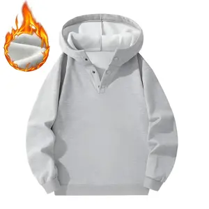 Men's Stylish Solid Color Essential Hooded Snap-Button Pullover Graphic Sweatshirt - Casual Polyester Long-Sleeve Top, Sporty Loose Fit Thick Fabric, Ideal for Daily Wear & Exercise, Menswear Outdoor Apparel
