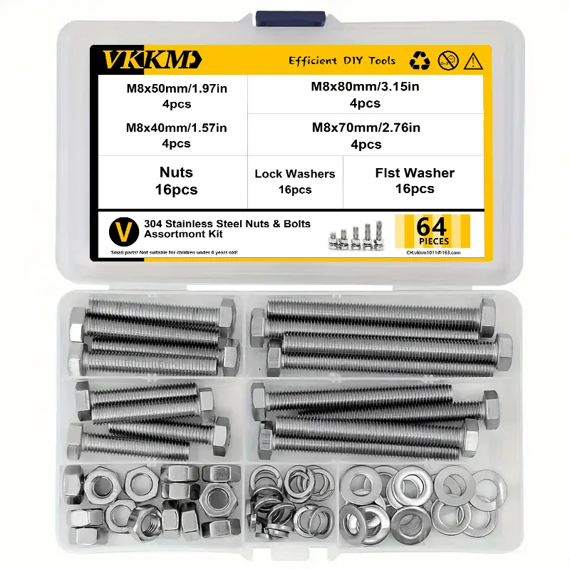 VKKM 64Pcs M8 304 Stainless Steel Burr-Free Threads Hex Bolts Nuts Washers Kit, M8×40-80mm Fasteners for Marine, Motorcycle, Outdoor Furniture Machinery Repair