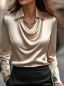 Women's Plain Satin Soft Blouse with Shirt Collar, Long Sleeve Fitted Top, Elegant Womenswear Commuter Wear, Office Style, All Seasons