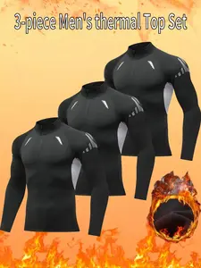 Menswear 3-piece Thermal Top Set Fleece-lined Loungewear Boyfriend-style Mock Neck with Zipper for Night Running Basketball Soccer Hiking Fitness black sport thermal coverall