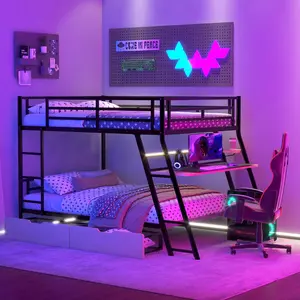 Full Over Full Size Metal Bunk Bed Frame with Built-in Desk,LED Light and 2 Storage Drawers, Gaming Bunk Bed with Safety Guard Rails and Ladder, Heavy-Duty Steel Frame Bunk Bed (Black)