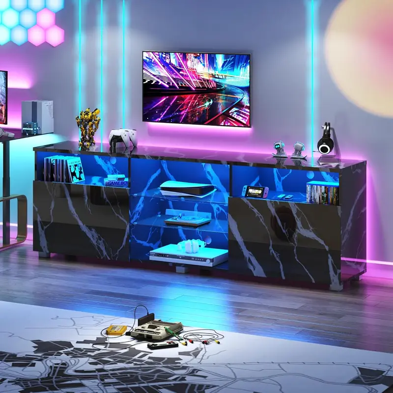 LED TV Stand for up to 80" TVs, 70" Large Modern Entertainment Center Console Table Gaming Soundbar Shelf with 2 Storage Cabinet for Living Game Room Bedroom(Black/Black Marble/White Marble)
