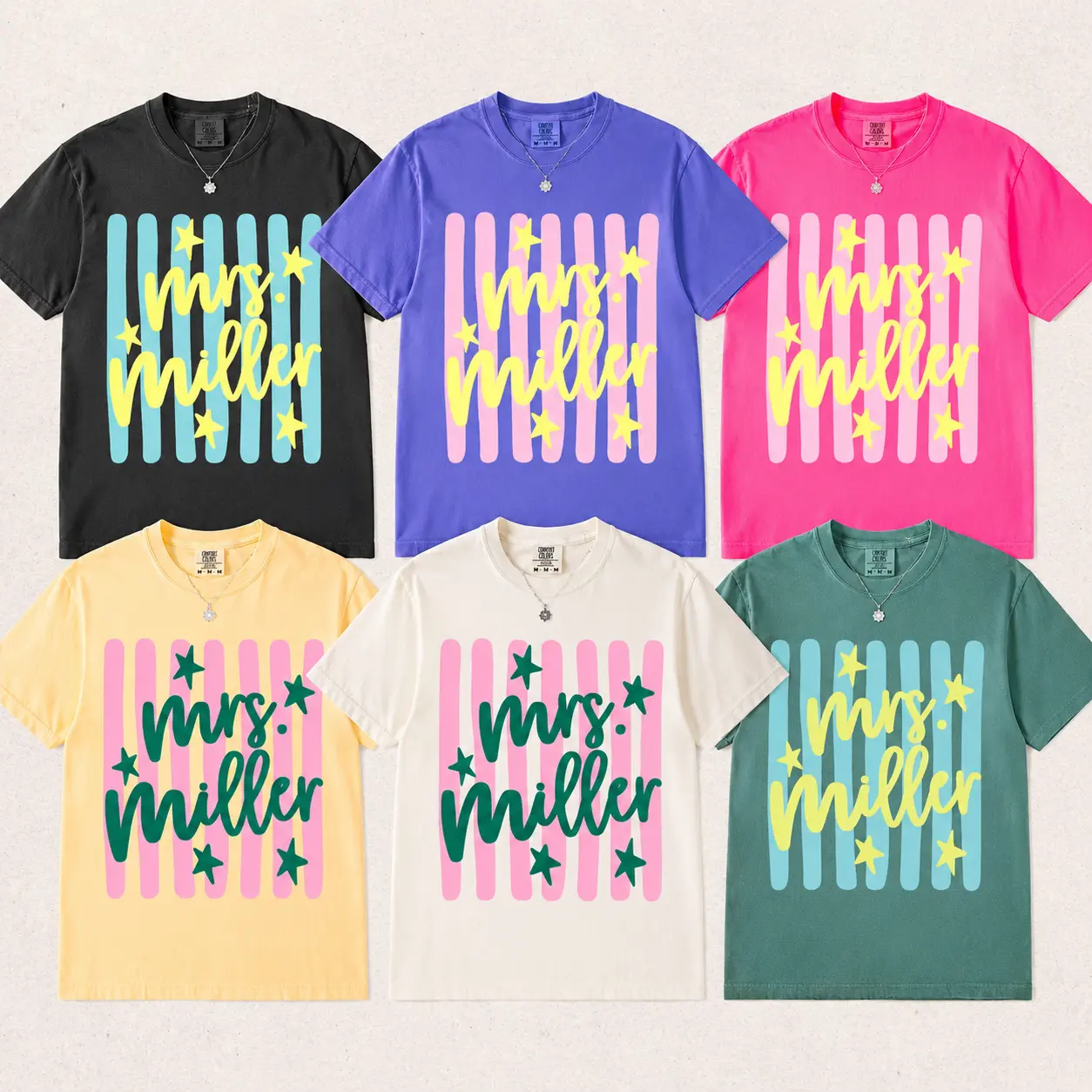 [Custom Name] Comfort Colors Personalized Teacher Name Shirt, Retro Striped Teacher Tee, Custom Mrs Name Back to School Graphic T-Shirt, Teacher Gift