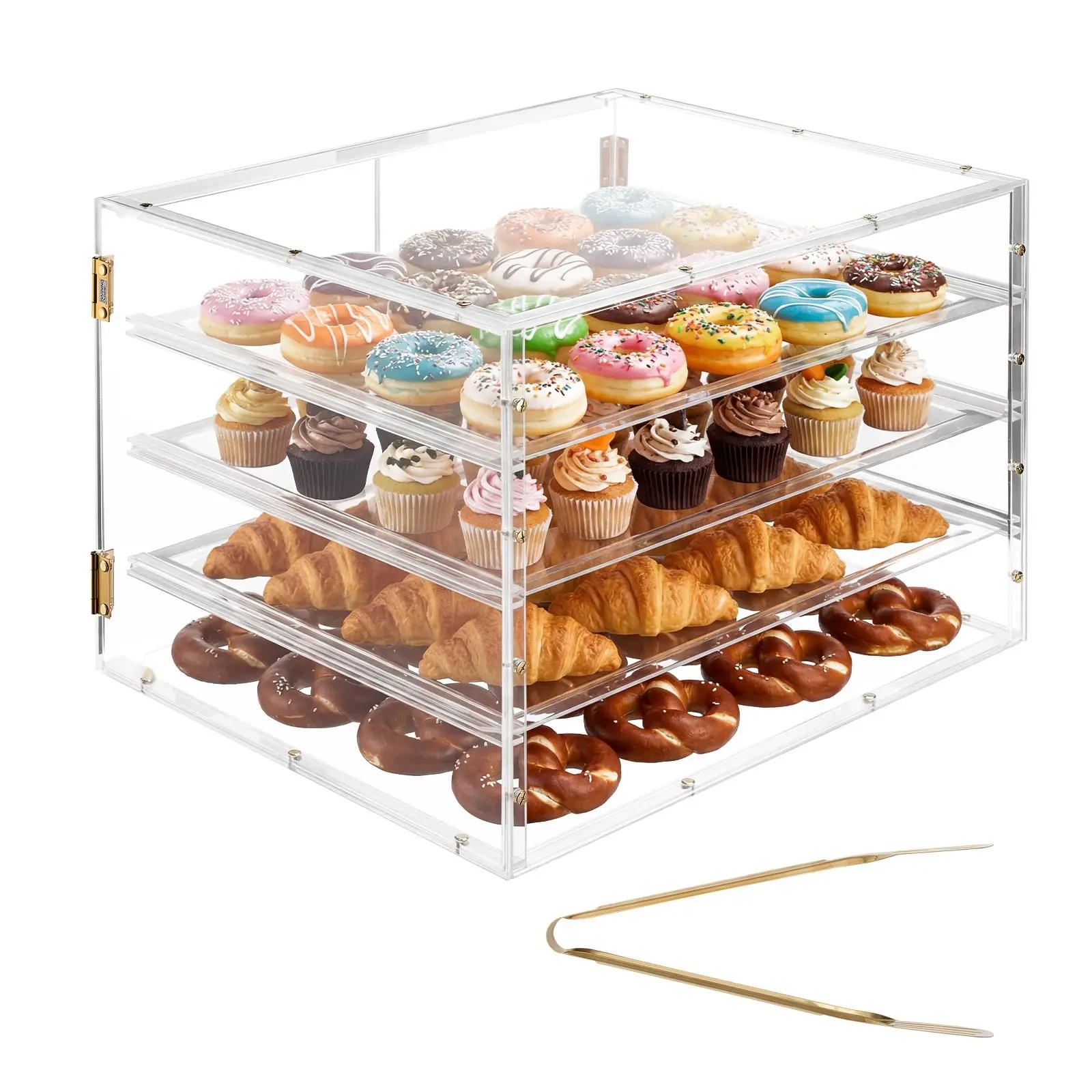 Bakery Display Case, Four-Tier Commercial Countertop Pastry Showcase, Clear Acrylic Bread Box For Kitchen, Party Cake Cabinet With Magnetic Rear Door For Cookies, Desserts, Donuts And Pastries, 22.4"x17.3"x15.9"