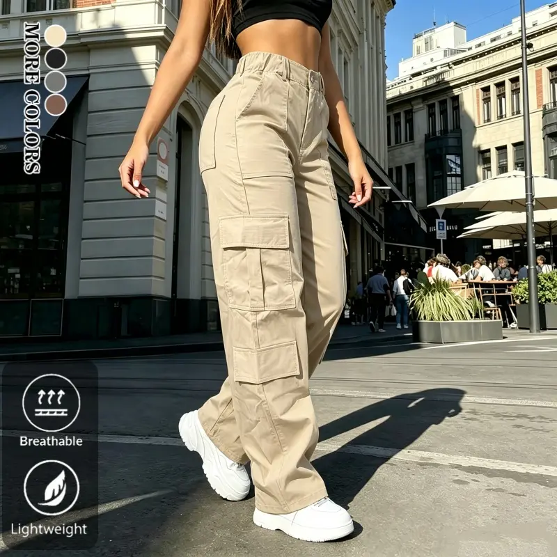 Women's High-Waisted Cargo Pants - Straight/Wide-Leg Styles with Multiple Slanted Flap Pockets, Versatile All-Season Women's Bottoms