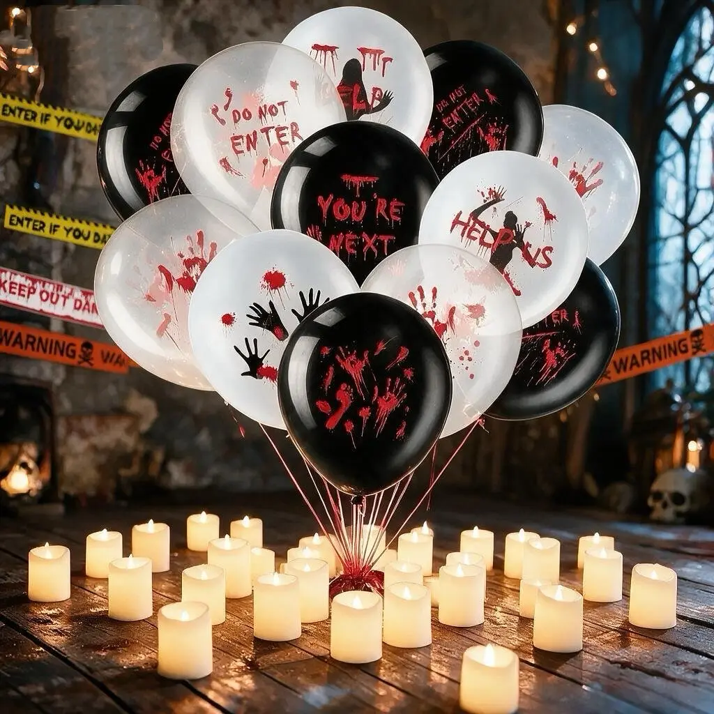 Halloween Haunted House Decor Kit – 54PCS Bloody Balloons, 24PCS LED Candles & Warning Tape Set for Indoor Outdoor Party Ornaments-Perfect for Haunted House, Front Door, Lawn, Horror Themed PartyTransform Your Space Into a Scary Haunted House