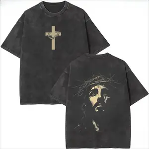 Jesus Crown of Thorns Washed Tshirt, God Apparel Tee, Easter T-Shirt, Jesus T-Shirt, Easter Streetwear, Christian Apparel Graphic Tees, Gym Pump Cover Casual Round Neck