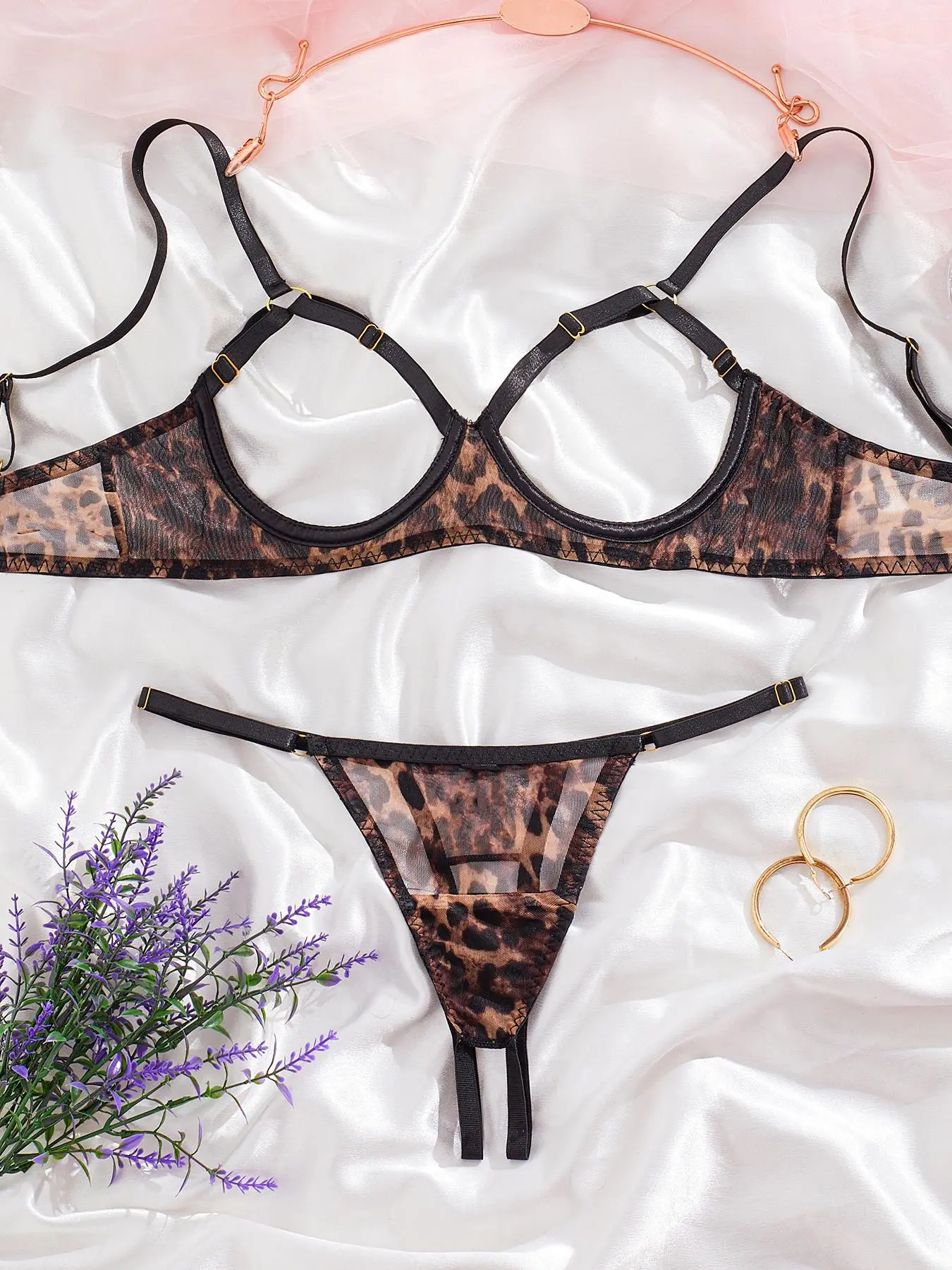 Women's Leopard Pattern Mesh Sexy Lingerie Two-piece Set, Sexy Adjustable Strap Cut Out Bra & Thong Set, Soft Comfy Breathable Lingerie Set for Women Underwear Sets