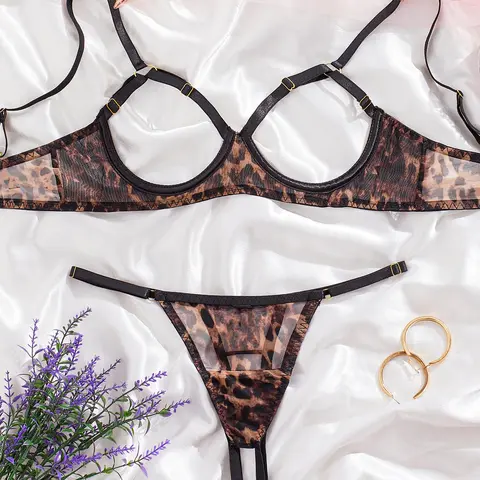 Women's Leopard Pattern Mesh Sexy Lingerie Two-piece Set, Sexy Adjustable Strap Cut Out Bra & Thong Set, Soft Comfy Breathable Lingerie Set for Women Underwear Sets
