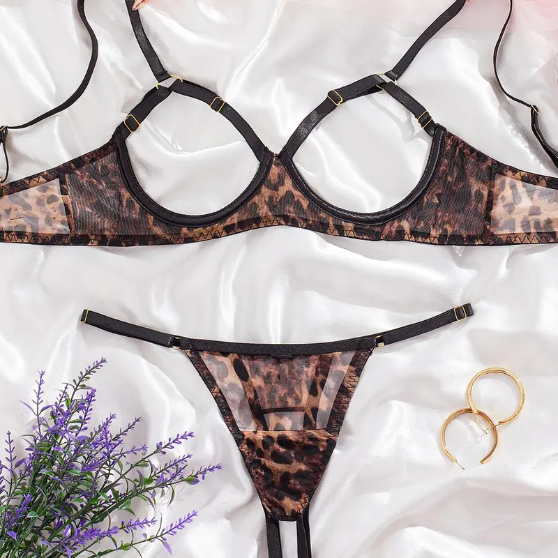 Women's Leopard Pattern Mesh Sexy Lingerie Two-piece Set, Sexy Adjustable Strap Cut Out Bra & Thong Set, Soft Comfy Breathable Lingerie Set for Women Underwear Sets