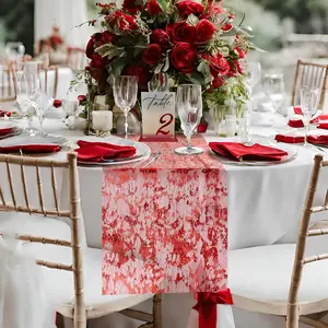 Red Table Runner 11'' x 192'', Metallic Sequin Glitter Foil Thin Mesh Table Runners Roll, Spring Red Table Decorations for Wedding Birthday Party Decor