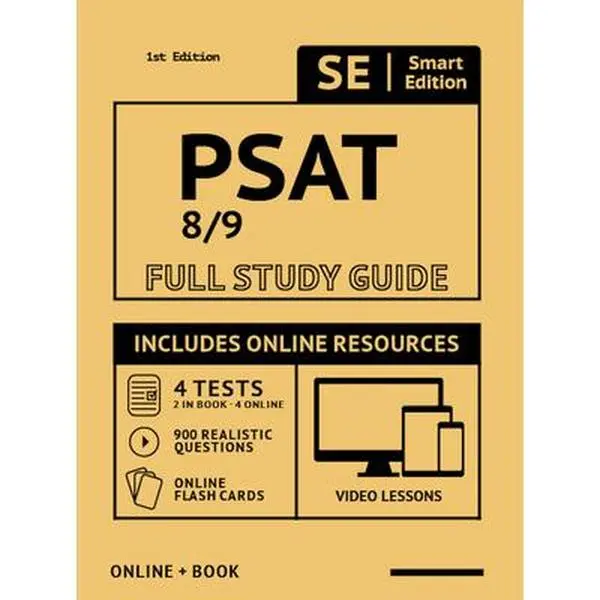 USED Book - PSAT 8/9 Full Study Guide: Complete Subject Review with Online Video Lessons, 4 Full Practice Tests Book + Online, 900 Realistic Questions, Plus by Smart Edition (Paperback) - english
