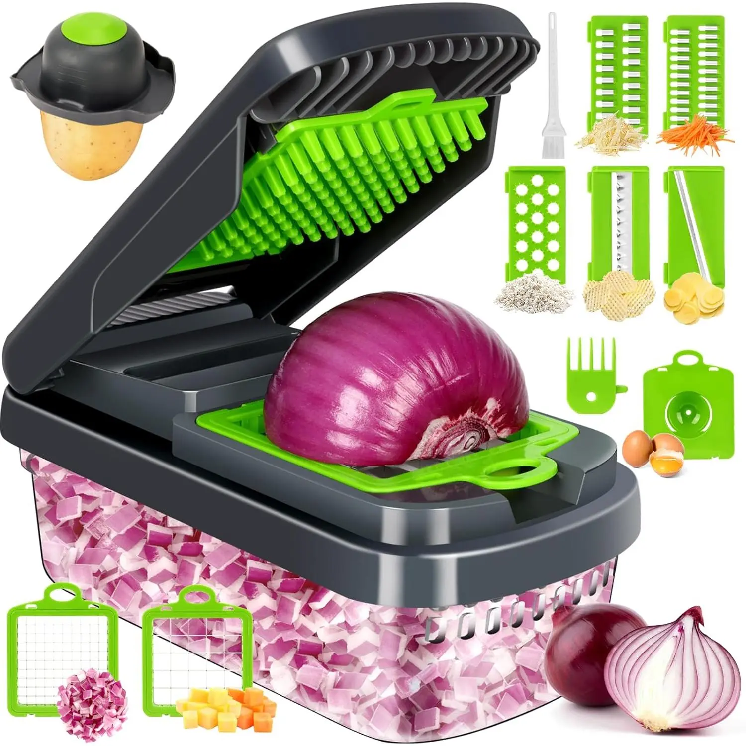 12-in-1 Multifunctional Vegetable & Fruit Chopper with 7 Interchangeable Blades, Container, Silver Gray Professional Home Kitchen Peeler & Cutter Tool for Salad, Potato
