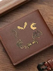 Men's Dragon Element Leather Wallet, Fantasy Creature Theme Two-Fold Design, PU Leather Card Holder, Casual Art Style Gift
