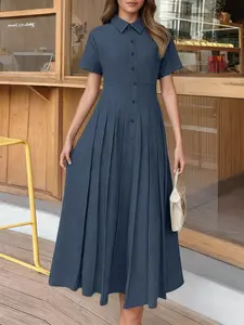 Women's Casual Basic Wear Solid Color Dress, Collared Short Sleeve Midi Shirt Dress, Perfect for Daily Commuting, Fitted Pleated Design