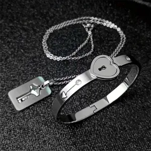 Set, Heart Lock Bangle & Key Tag Pendant Necklace Set