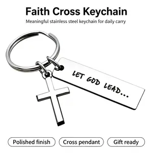 Stainless Steel Cross Keychain for Men, Inspirational Religious Gift with Engraved 'Let God Lead' Bible Verse for Anniversary or Birthday