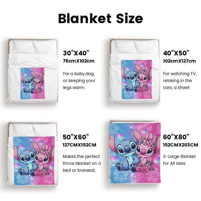 Disney Stitch Blanket Featuring Stitch & Angel Design in Four Sizes Soft Cozy Bedding for Fans with Floral Accents