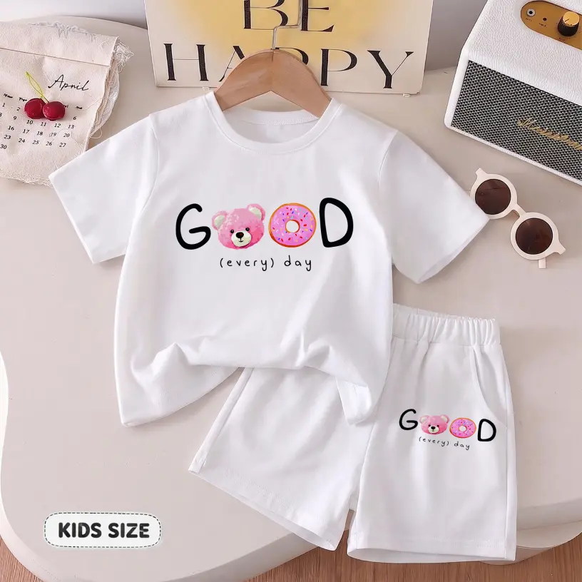 Kids' “Good Every Day” Graphic Print Short Sleeve T-Shirt and Shorts Set, Casual Summer Children's Outfit, Comfortable Crew Neck Two-Piece Set for Daily Wear, Outdoor Play and Activities26