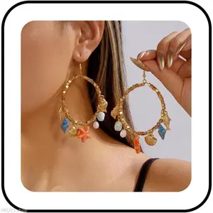 Starfish Hoop Earrings for Women Colorful Starfish Shell Earrings Rainbow Beaded Dangle Earring Bohemian Gravel Earring Summer Charm Ocean Themed Jewelry Boho Beach Holiday Vacation Jewelry