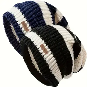 [Striped Beanie Hat] 2pcs-Cozy Striped Beanie Hat - Soft Warm Lightweight for Autumn & Winter, Breathable & Stretchy Fabric, Perfect for Outdoor Activities & Casual Wear, Machine Washable, Casual Wear Hat |   Stylish Striped Beanie |   Stretchy Hat