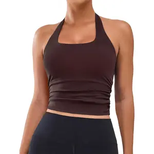 Womens Halter Built in Bras Workout Sports Tank Tops Buttery Backless Strappy Gym Crop Tops