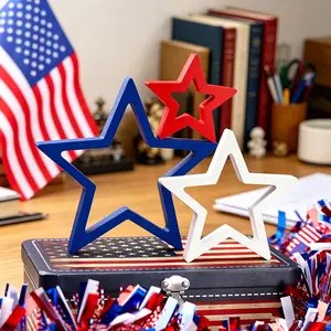 3Pcs 4th of July Star Tiered Tray Decor - Patriotic Red White Blue Wooden Star Ornaments, Independent Day Table Shelf Centerpiece Home Office Decoration,Wooden Star Decor | Memorial Day Independence Day Celebrations, Tabletop Decoration Gifts