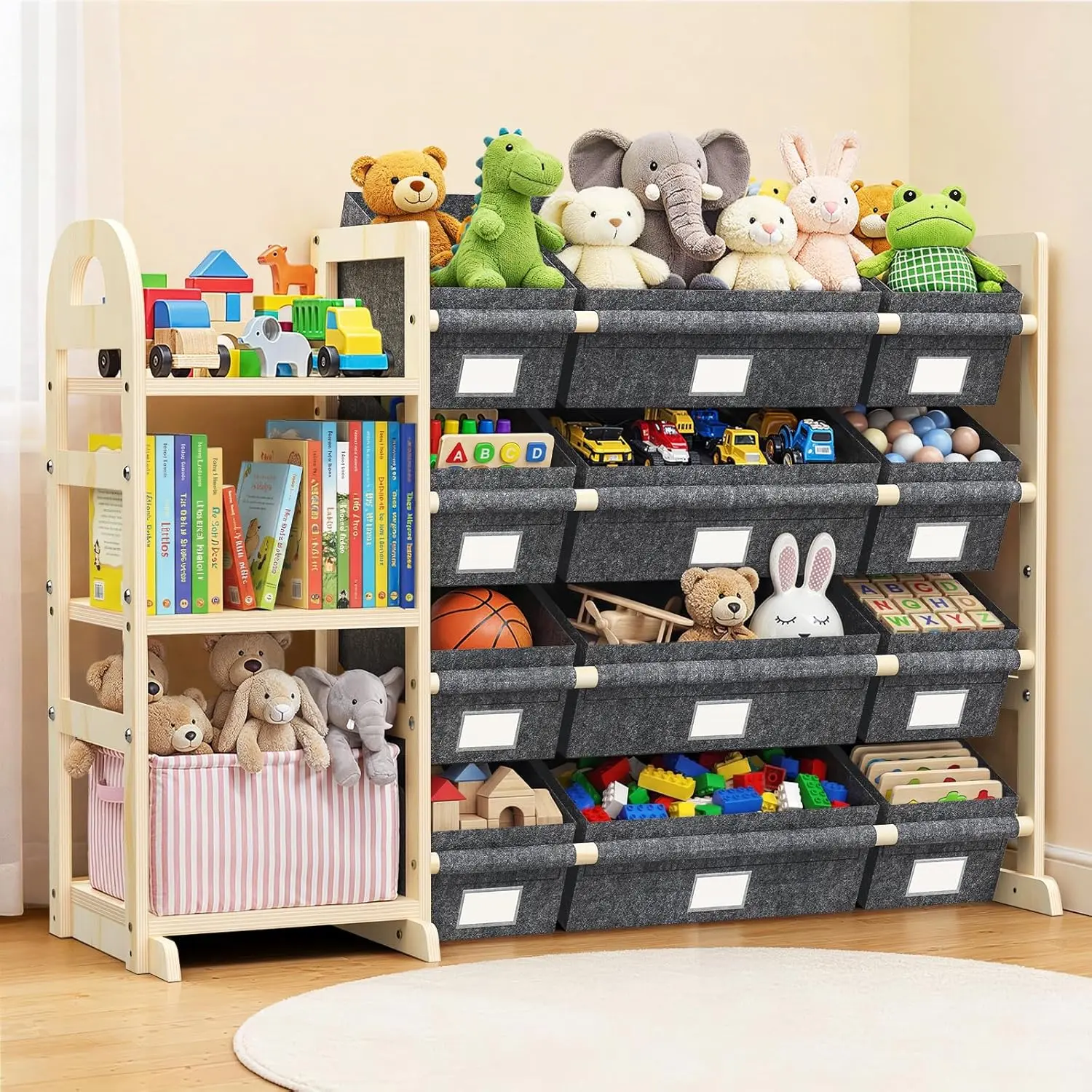 Toy Storage Organizer with 3 Shelves and 12 Bins, Bookshelf/Bookcase, Kids Bin Shelf, Toys Box for Playroom Organization for Bedroom & Room Summer Sale Deals