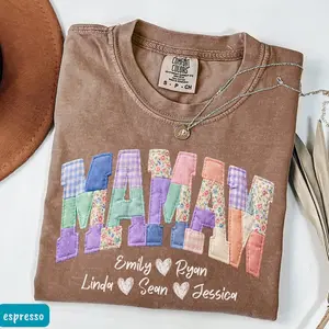 Pls[note] Custom Comfort Colors Personalized Patchwork Style Floral Mamaw T-shirt Grandma Core Shirt Faux Embroidered Gigi Shirt Mom Tee Quilt Patchwork