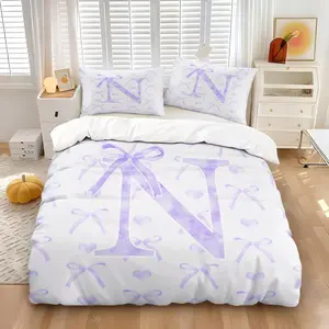 Coquette Purple Bow Initial N Duvet Cover Set, Including 1 or 2 Pillowcases + 1 Duvet Cover, No Filler, HD Digital Print, Purple Letter Bow Heart Pattern, Cute Girly Gift for Teens Girls Bedroom Dorm Apartment Decor