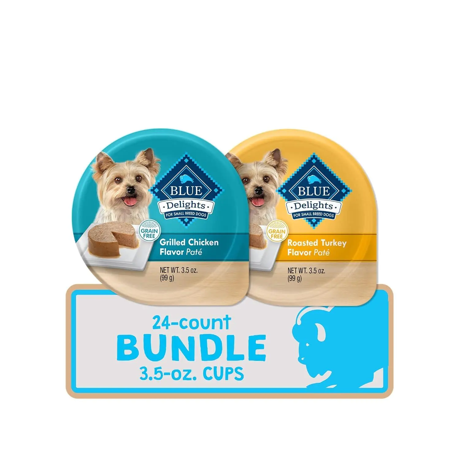 Blue Buffalo Delights Variety Pack Natural Grain Free Wet Dog Food for Small Breed Dogs (Top Sirloin Flavor Paté and Grilled Chicken Flavor Paté) with Natural Ingredients, 3.5-oz. Each (12 Cups)