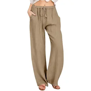 Women's Linen Pants Summer, Wide Leg, High Waisted, Drawstring, Beach Trousers, Blue, Size 0-22