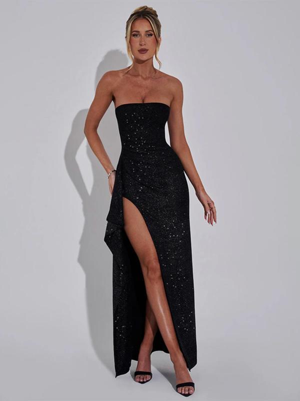 Women's Glitter Backless Split Thigh Tube Dress, Elegant Strapless ...