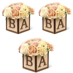 3pc brown baby shower with a flower box placed in the center of the dining table, a wooden box with the letters BABY, suitable for gender revealing parties (without flowers)