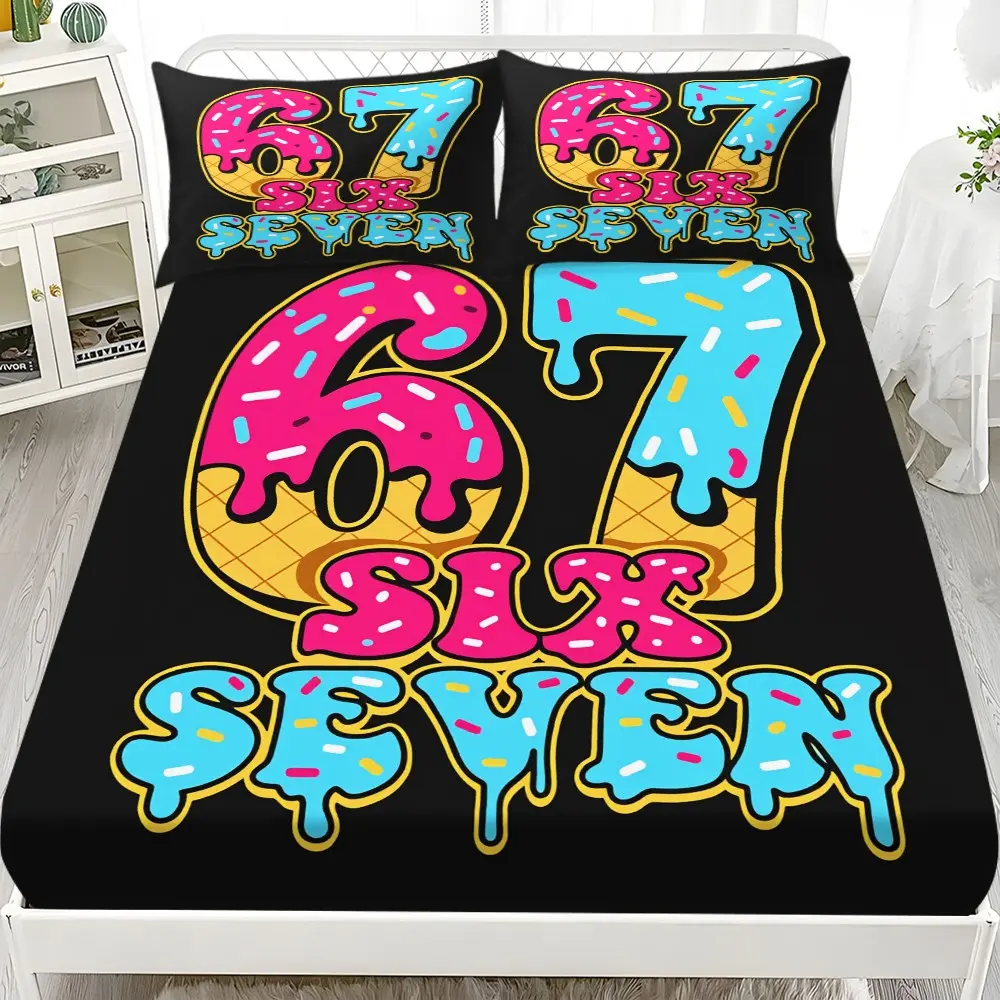 Bedding Sheet Set 3-Piece Donut Number Print Bed Sheets (includes Pillowcases, No Filling) 100% Polyester Fabric Washable Bedroom Home Use