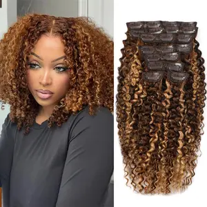 Highlight P4/27 Kinky curly Clip ins Kinky curly Clip in Hair Extensions Real Human Hair Brazilian Remy Human Hair Extensions for Women 8Pcs 100g Per Set with 20 Clips Double Weft