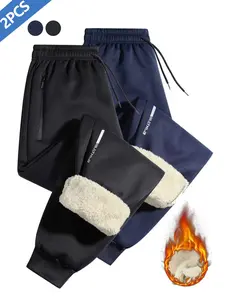 2-piece combination men's winter warm cashmere sweatpants - drawstring waist circumference, zippered pocket and printed design, fashionable street wear.