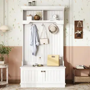 4-in-1 Hall Tree with Storage Shoe Bench, Modern Wood Entryway Bench with Coat Rack and Hooks for Living Room, Hallway (White )