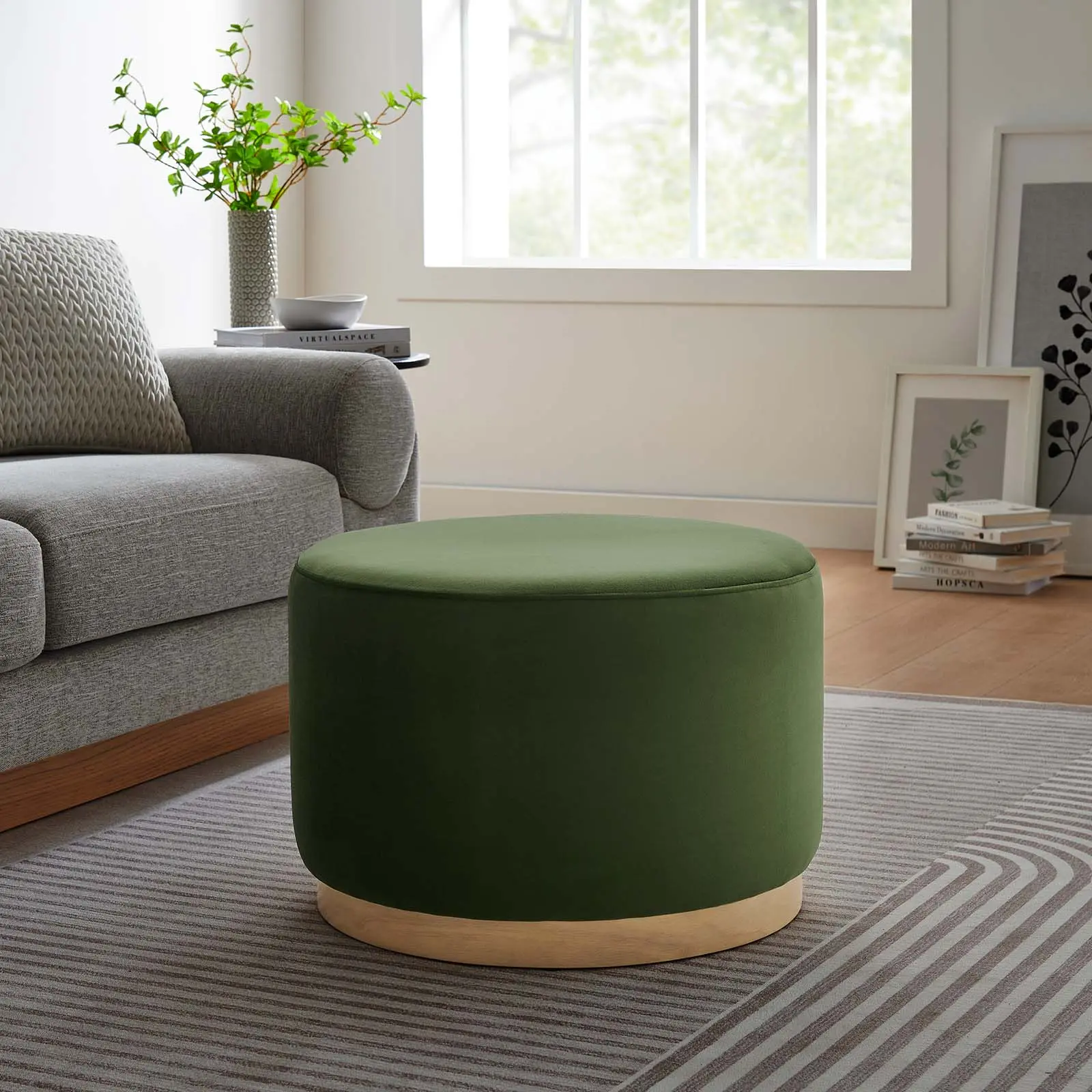 Modway Tilden Large 23" Round Performance Velvet Upholstered Ottoman in Moss Green Natural